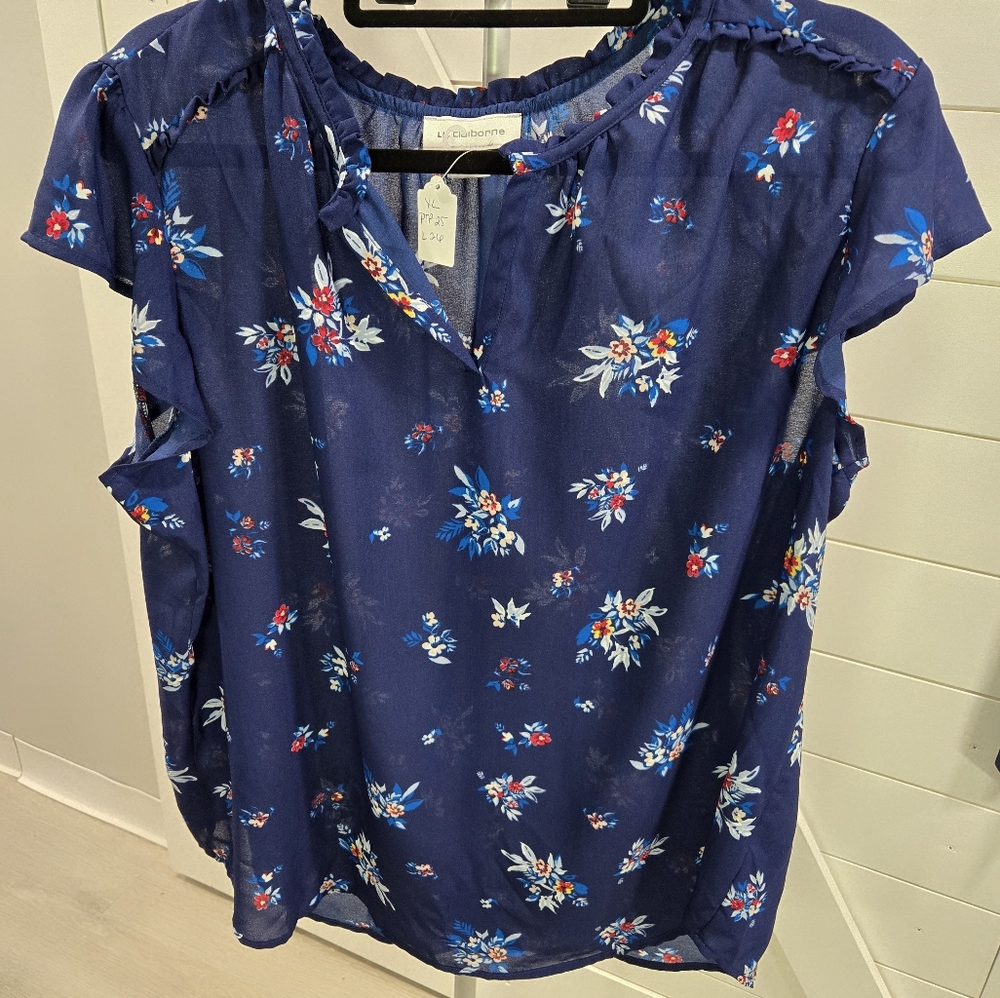 Liz Claiborne Blue Floral Summer Flutter Sleeve Ruffled Blouse